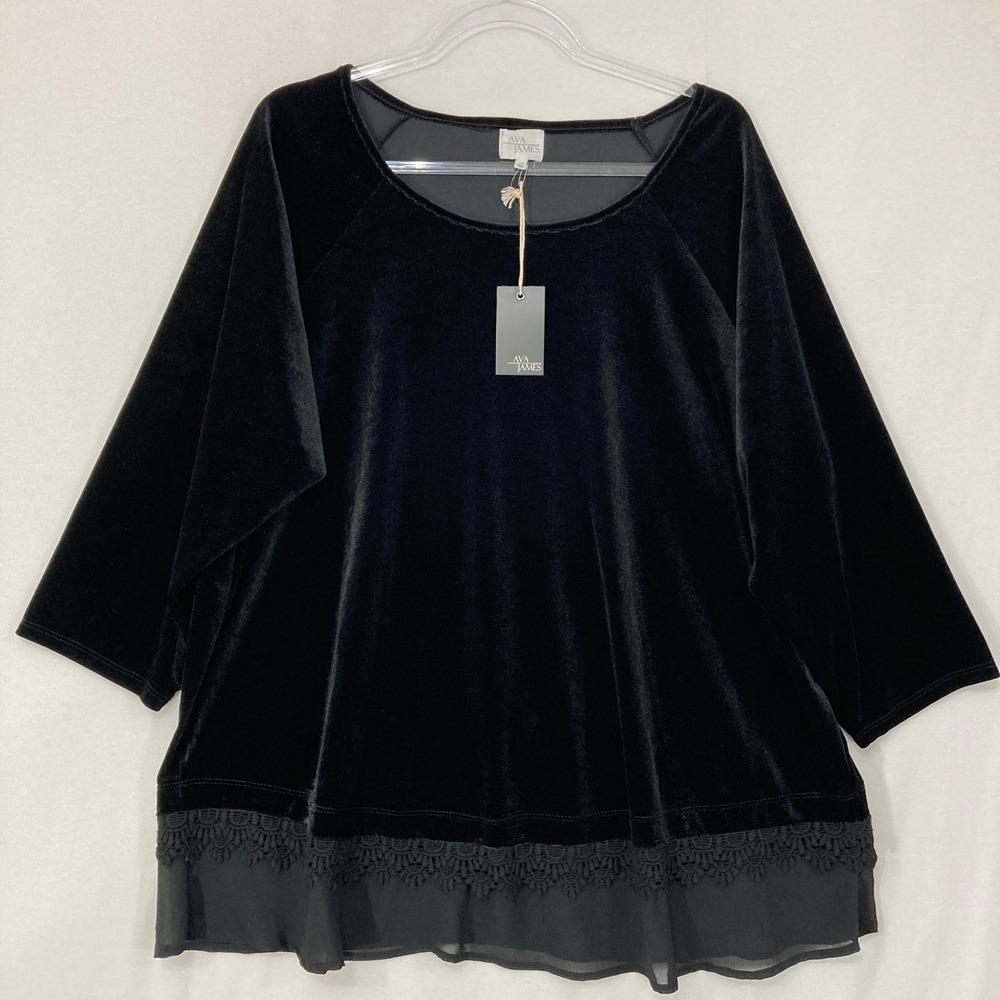 New Ava James Velvet‎ Tunic 2X Black Lace Trim Sheer Layered Hem 3/4 Sleeve